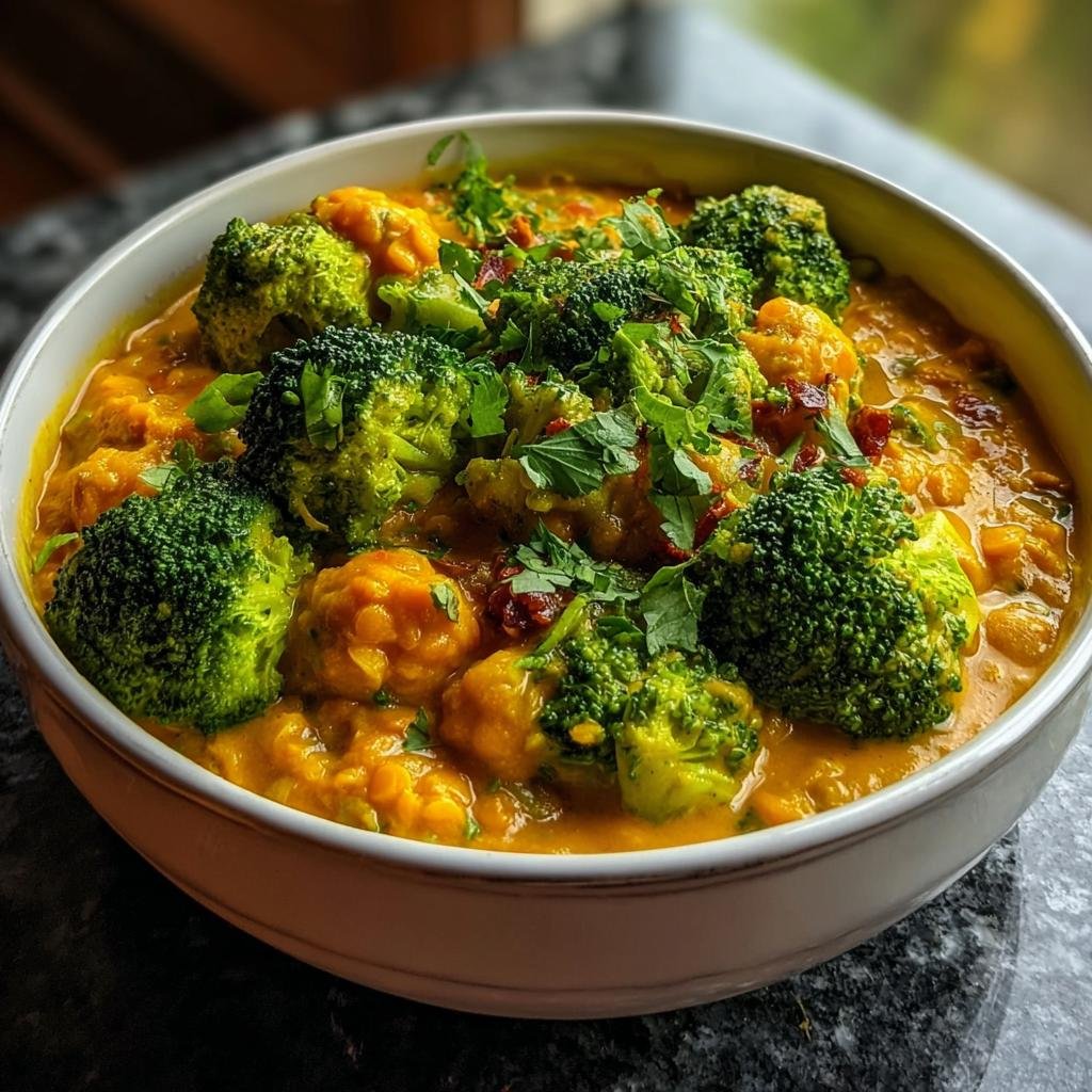 Nahaufnahme eines cremigen Brokkolicurry mit roten Linsen, garniert mit frischem Koriander.