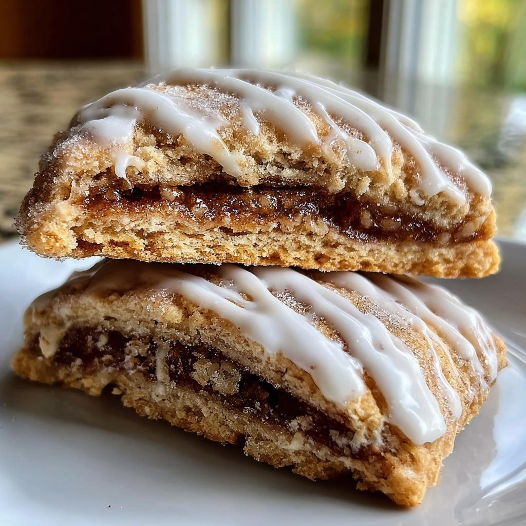 Two stacked Brown Sugar Pop Tart Cookies cut in half, showing the brown sugar filling and white icing drizzle.