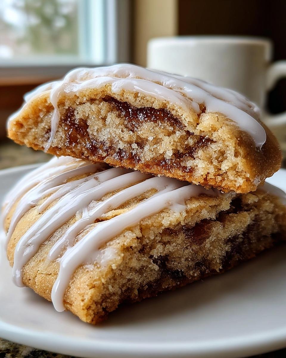 Two halves of a Brown Sugar Pop Tart Cookie stacked, showing the rich brown sugar filling and white icing drizzle.