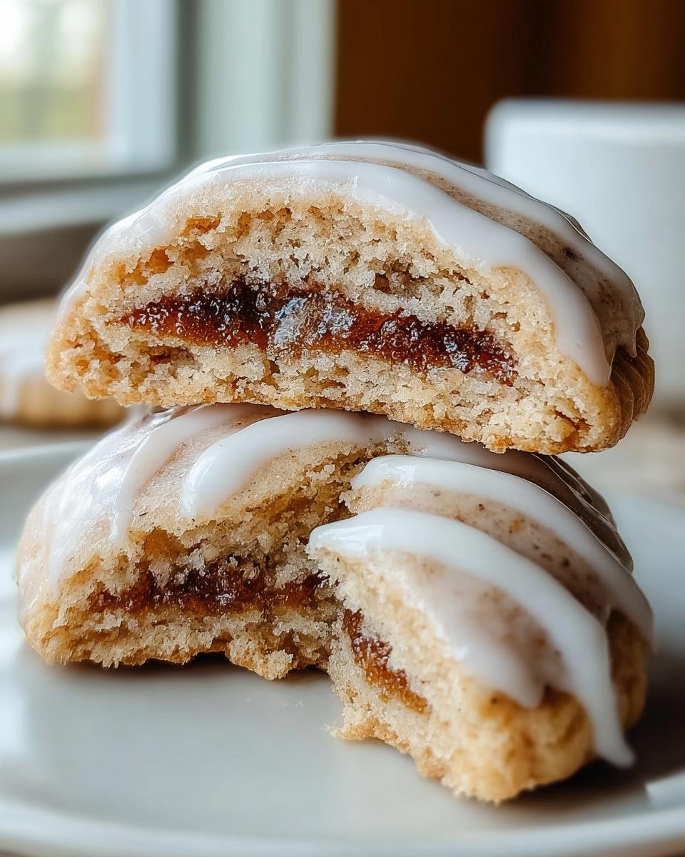 Close-up of Brown Sugar Pop Tart Cookies cut in half, showing the brown sugar filling and white icing drizzle.