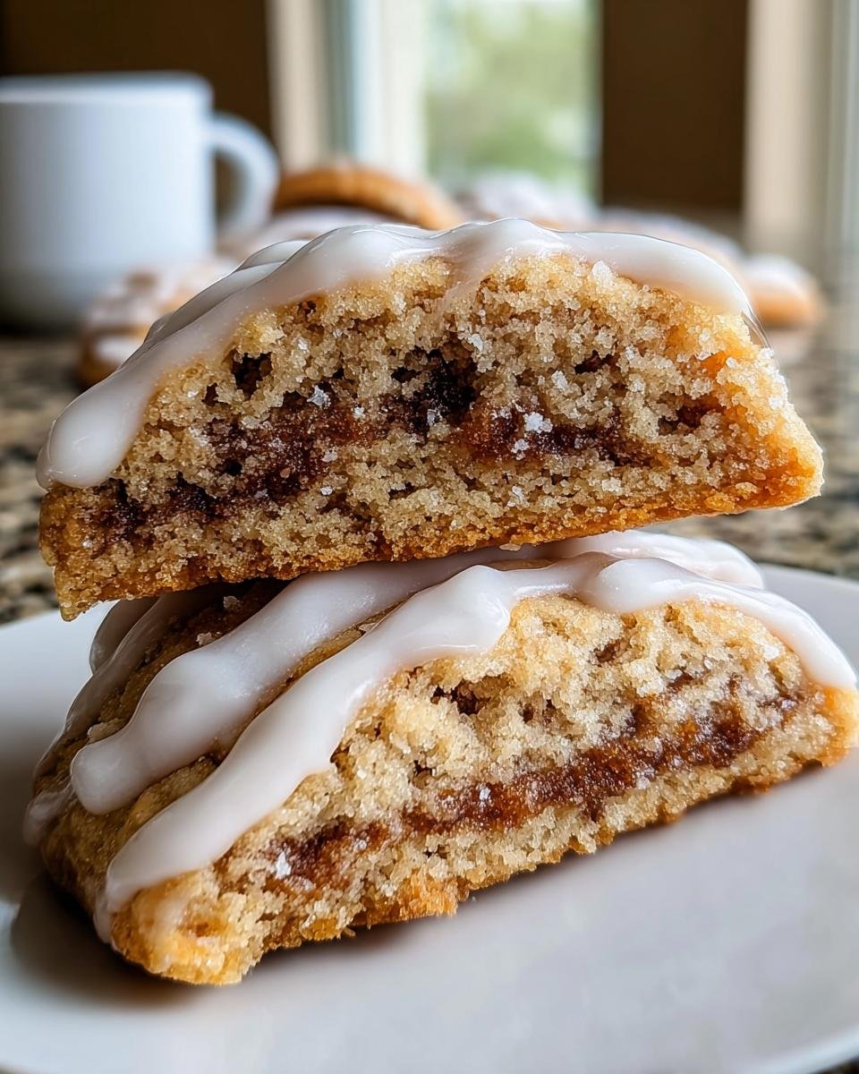 Zwei Hälften von Brown Sugar Pop Tart Cookies, gestapelt, mit braunem Zuckerfüllung und weißem Zuckerguss.