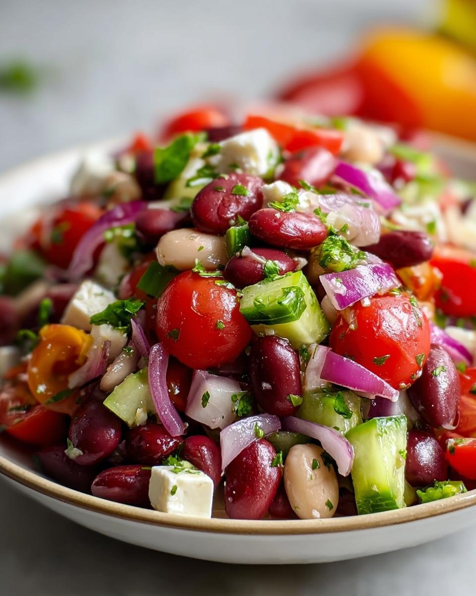 Nahaufnahme des Bunter Bohnensalat mit roten und weißen Bohnen, Kirschtomaten, Gurken, roter Zwiebel und Feta.