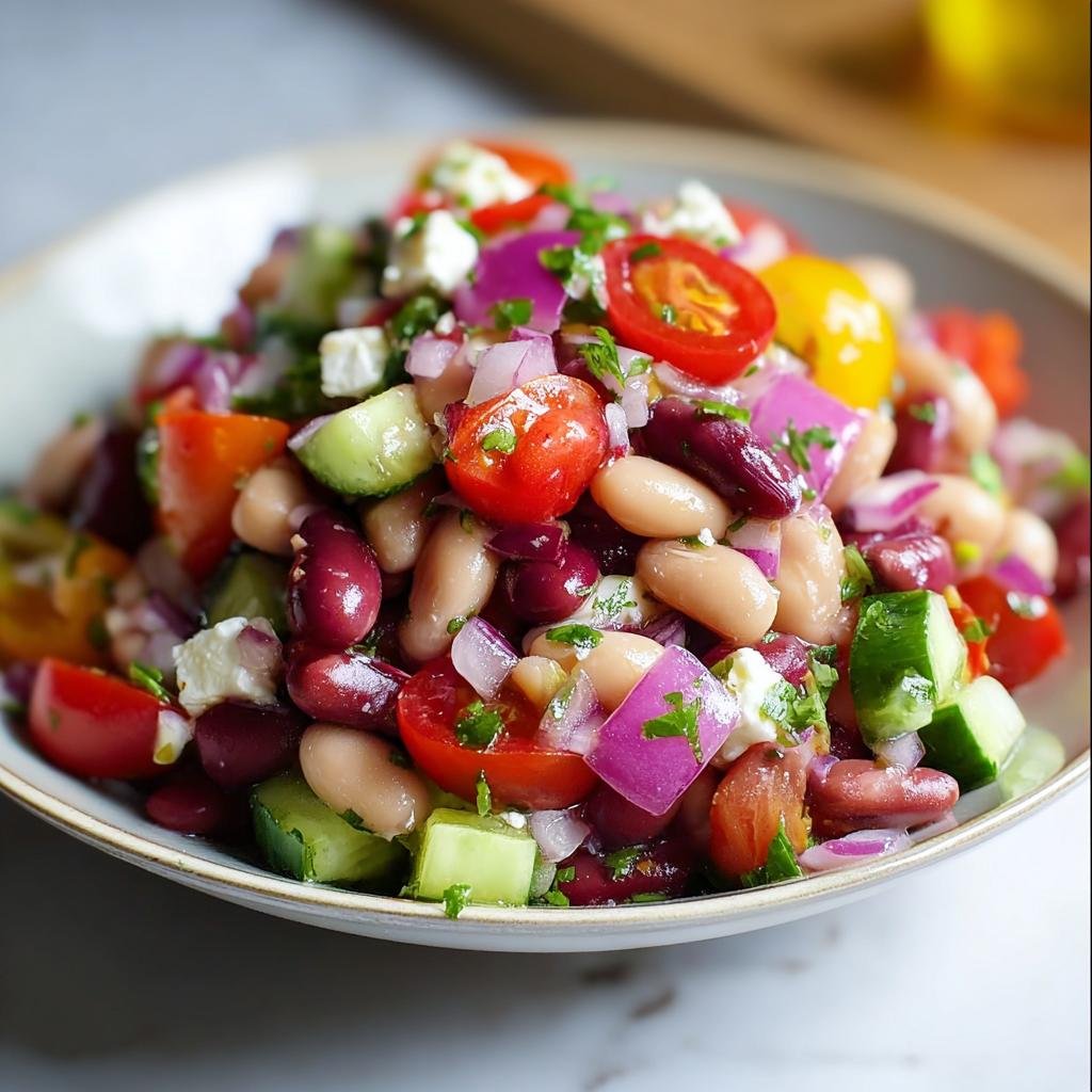 Nahaufnahme eines bunten Bohnensalat mit Kidneybohnen, weißen Bohnen, Tomaten, Gurken und roter Zwiebel.