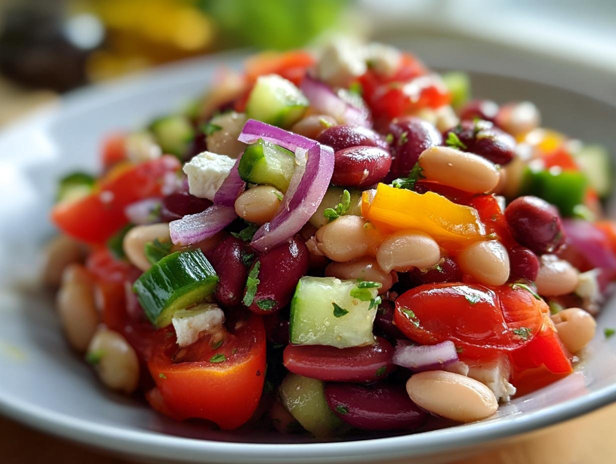 Nahaufnahme von Bunter Bohnensalat mit roten und weißen Bohnen, Gurken, Tomaten, Zwiebeln und Feta.