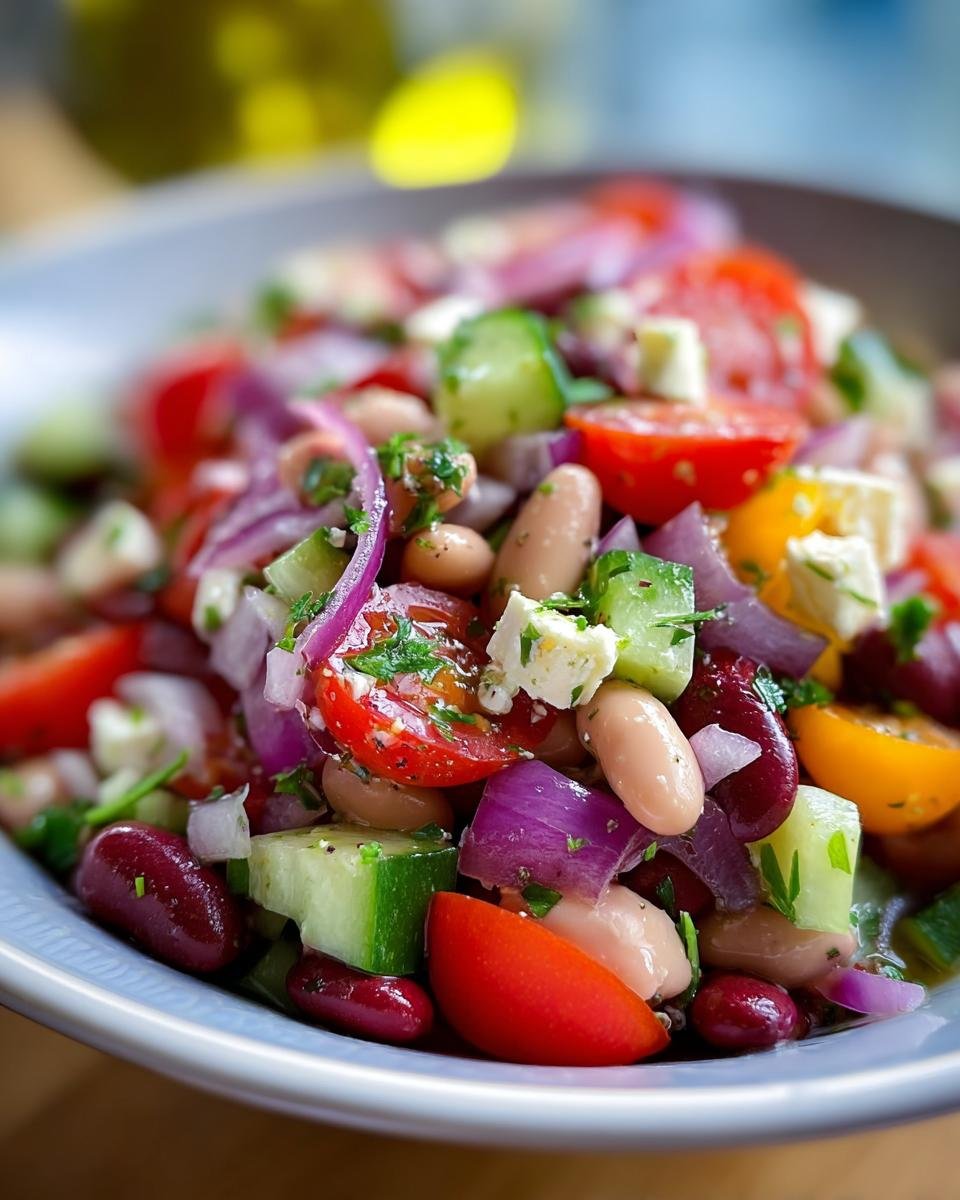Nahaufnahme eines bunten Bohnensalat mit Kidneybohnen, weißen Bohnen, Tomaten, Gurken, roter Zwiebel und Feta.