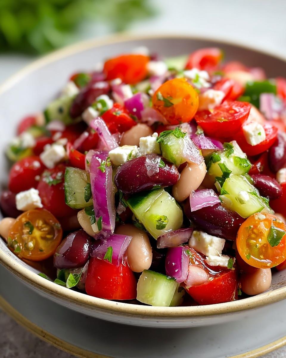 Nahaufnahme von Bunter Bohnensalat mit Kidneybohnen, weißen Bohnen, Tomaten, Gurken, roter Zwiebel und Feta.