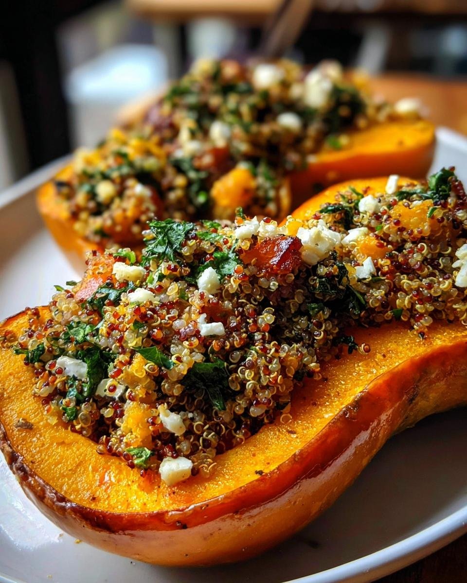 Nahaufnahme von geröstetem Butternut-Kürbis, gefüllt mit einer bunten Quinoa-Mischung, ideal für Gesunde Herbstrezepte.