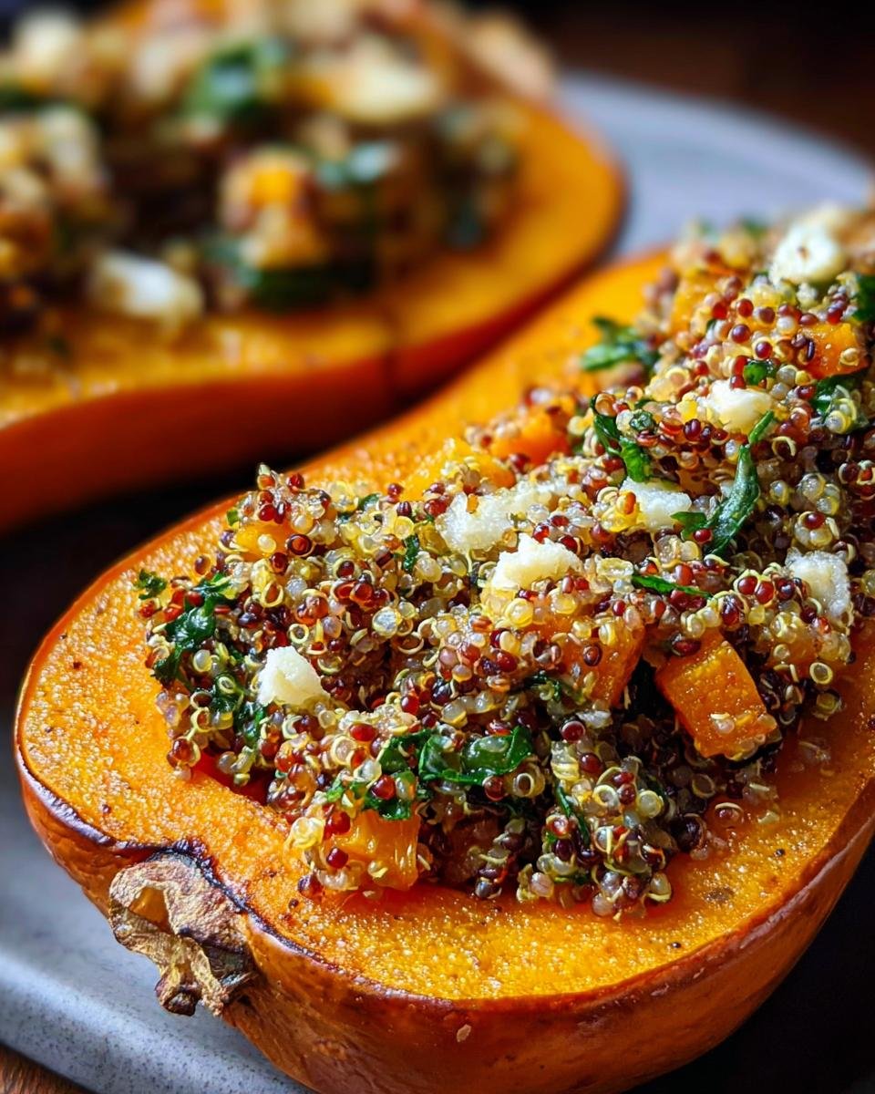 Nahaufnahme von geröstetem Butternut-Kürbis, gefüllt mit bunter Quinoa und Kräutern, perfekt für gesunde Herbstrezepte.