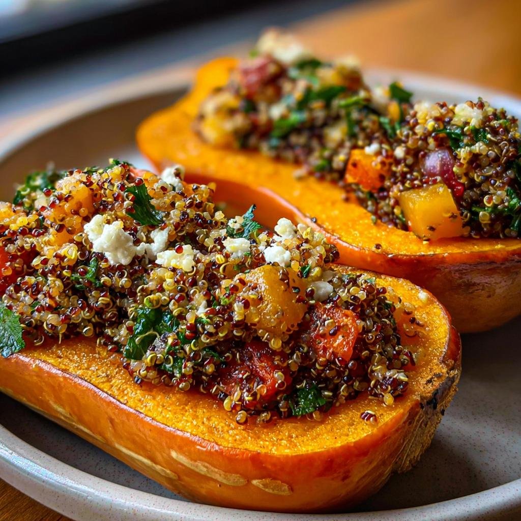 Zwei Hälften gerösteter Butternut-Kürbis gefüllt mit bunter Quinoa, Gemüse und Feta, ein ideales Beispiel für gesunde Herbstrezepte.