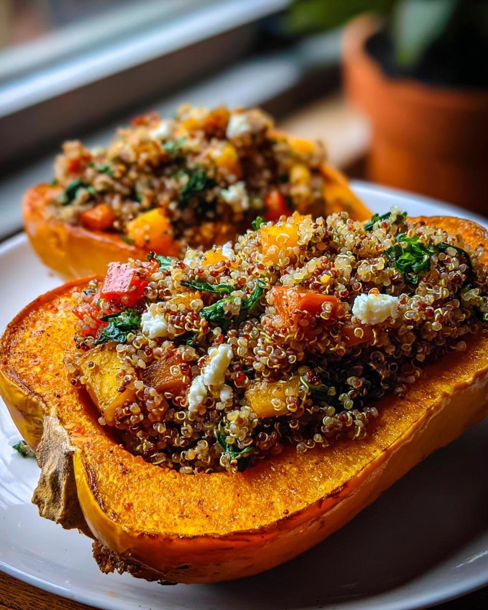 Nahaufnahme von zwei Hälften geröstetem Butternut-Kürbis, gefüllt mit Quinoa, Gemüse und Feta.