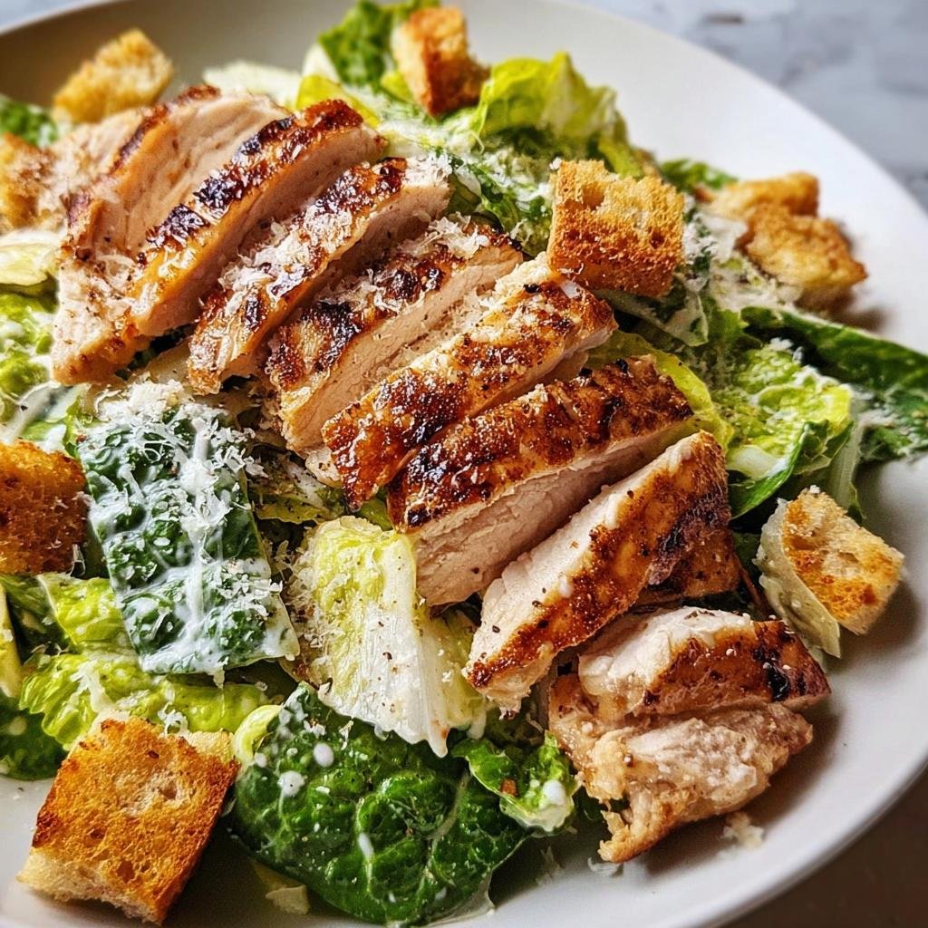 Nahaufnahme eines fertigen Caesar Salad mit Hähnchen, garniert mit Croutons und Parmesan.