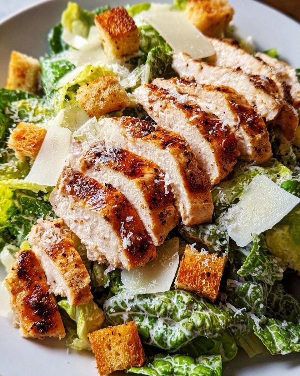 Nahaufnahme eines fertigen Caesar Salad mit Hähnchen, belegt mit gegrillten Hähnchenscheiben, Croutons und Parmesan.