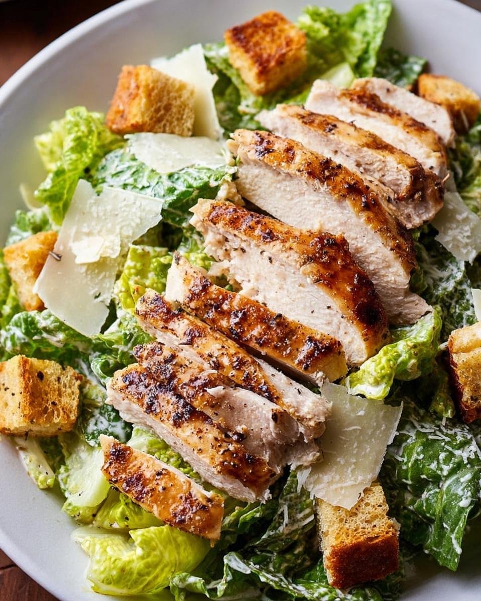 Nahaufnahme eines Caesar Salad mit Hähnchen, garniert mit Croutons und Parmesan.