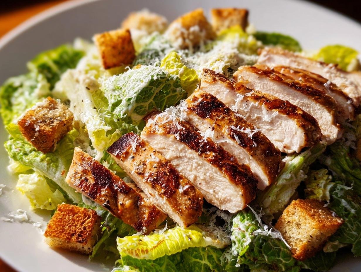 Nahaufnahme eines fertigen Caesar Salad mit Hähnchen, belegt mit Croutons und Parmesan.