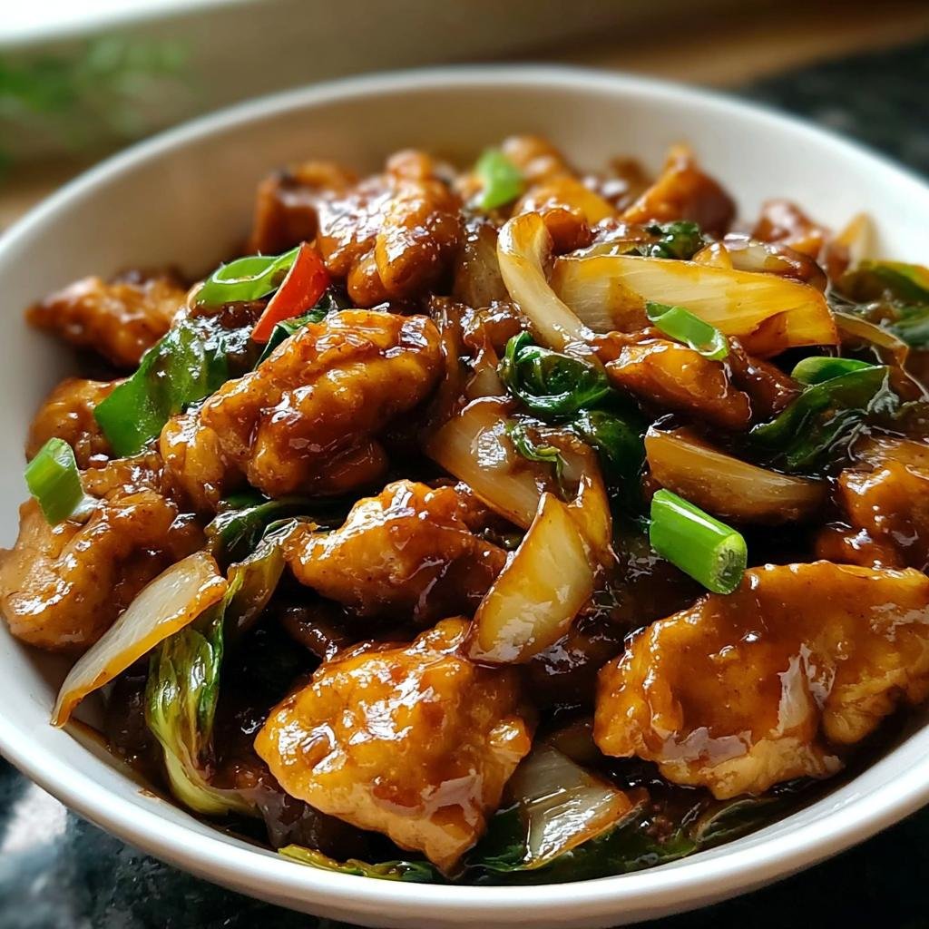 Nahaufnahme der glasierten Chinesische Hähnchenpfanne mit Spitzkohl und Zwiebeln in einer weißen Schüssel.