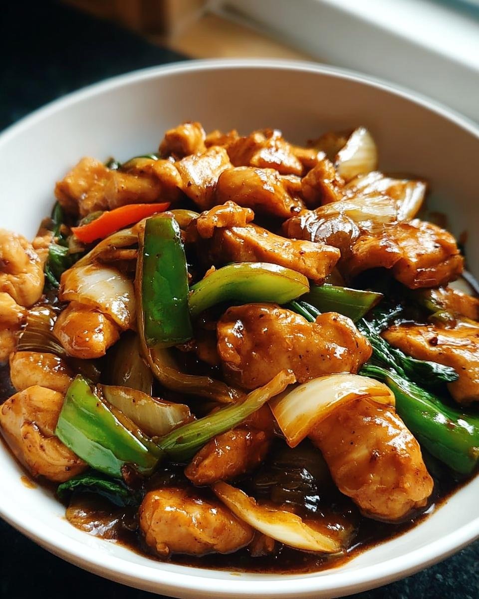 Nahaufnahme der fertigen Chinesische Hähnchenpfanne mit Spitzkohl, Zwiebeln und Paprika in dunkler Soße.