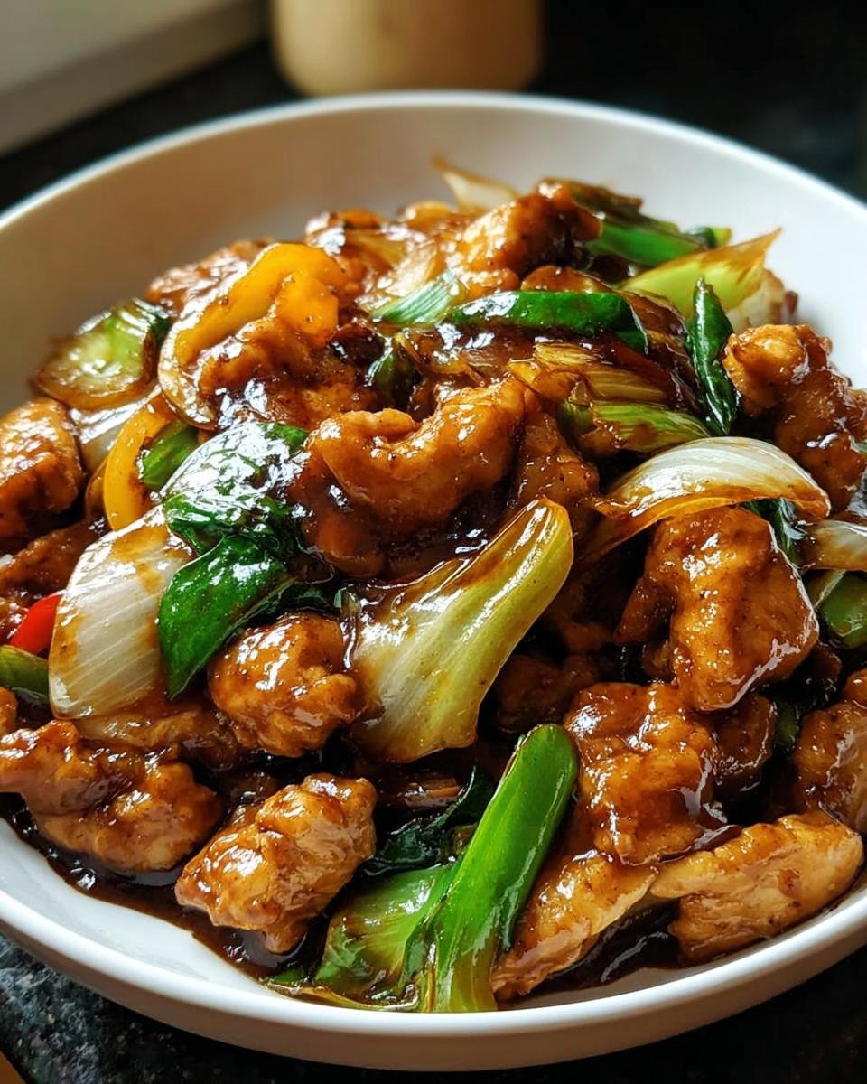 Nahaufnahme einer glasierten Chinesische Hähnchenpfanne mit Spitzkohl und Zwiebelstücken in einer weißen Schüssel.