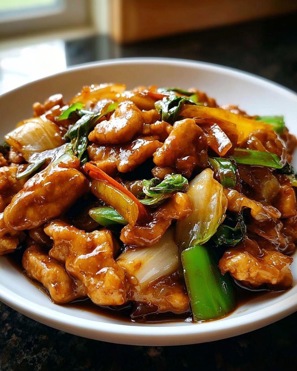 Nahaufnahme einer glasierten Chinesische Hähnchenpfanne mit Spitzkohl und Zwiebel in einer weißen Schale.