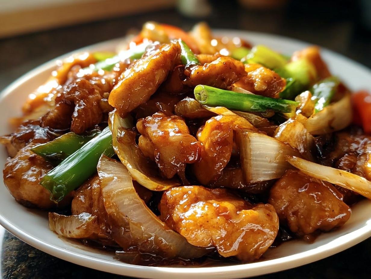 Nahaufnahme einer Chinesische Hähnchenpfanne mit Spitzkohl und Zwiebel in einer dunklen, glänzenden Soße auf einem weißen Teller.