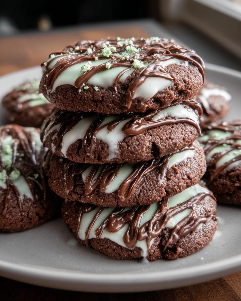 Stapel von saftigen Chocolate Mint Cookies, bedeckt mit weißer und dunkler Schokoladenglasur und Minzstreuseln.