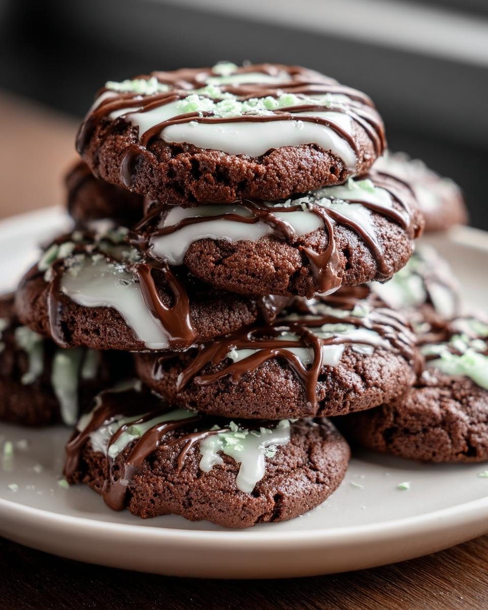 Stapel von saftigen Chocolate Mint Cookies, verziert mit weißer und dunkler Schokoladenglasur und grünen Streuseln.