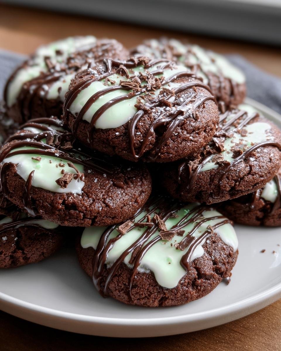 Ein Stapel saftiger Chocolate Mint Cookies mit hellgrüner Minzglasur und Schokoladendrizzle.