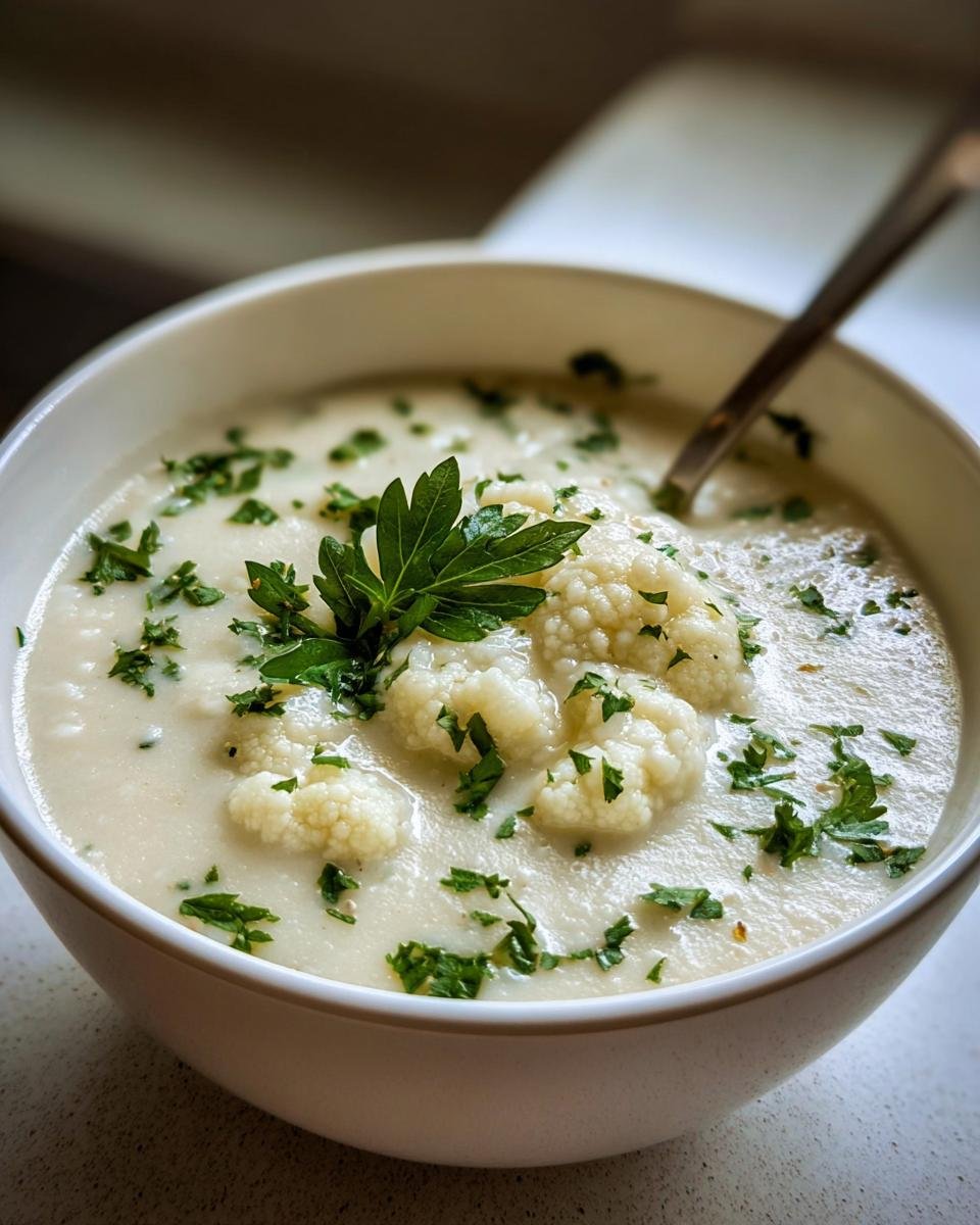 Nahaufnahme einer Schüssel mit cremiger Blumenkohl Tahini Suppe, garniert mit Blumenkohlröschen und frischer Petersilie.