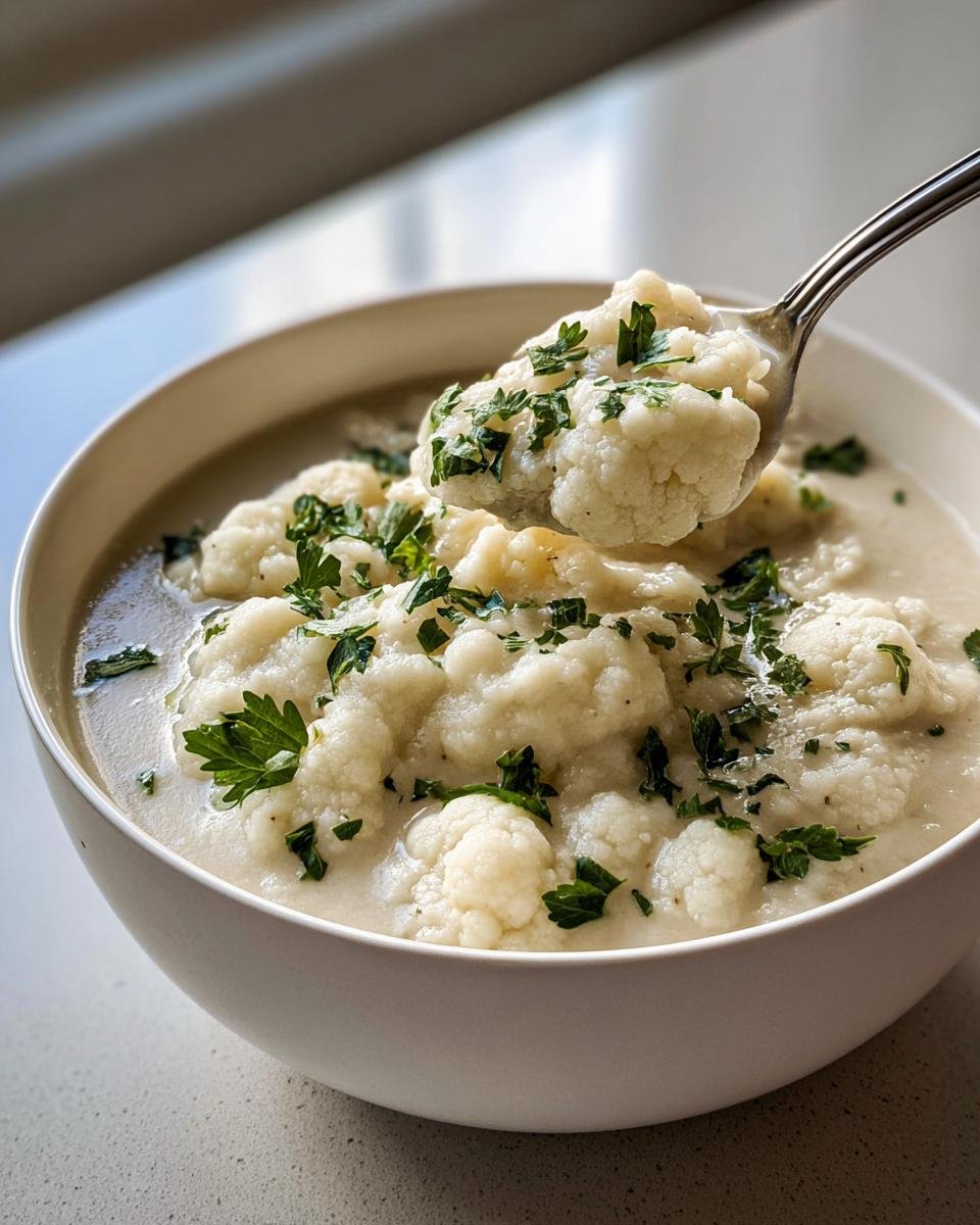 Ein Löffel voller cremiger Blumenkohl Tahini Suppe mit ganzen Blumenkohlröschen und frischer Petersilie.