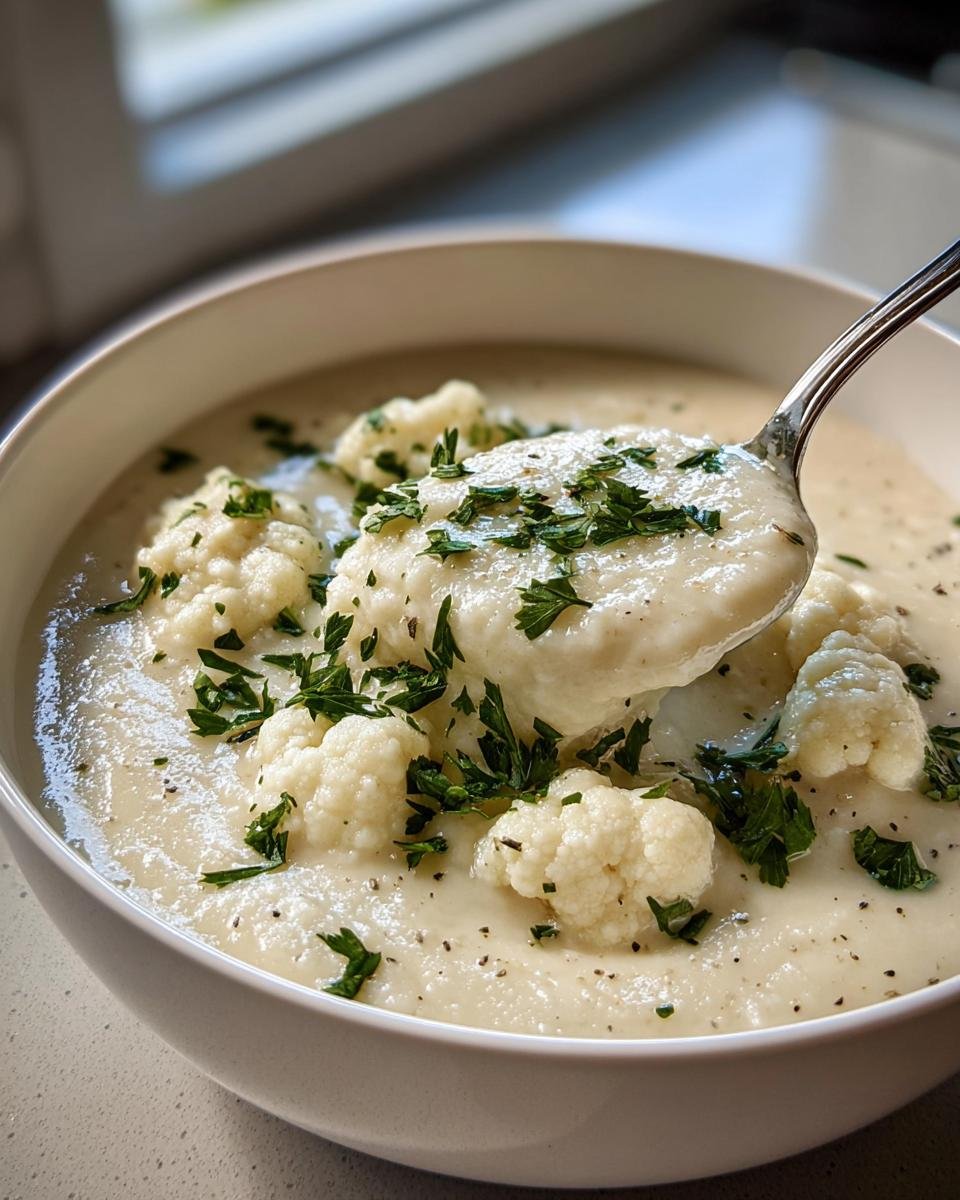 Cremige Blumenkohl Tahini Suppe mit ganzen Röschen und Petersilie, ein Löffel wird herausgehoben.