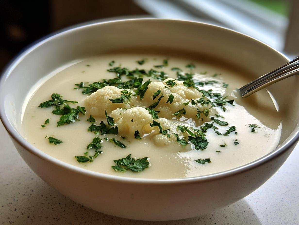 Nahaufnahme einer cremigen Blumenkohl Tahini Suppe, garniert mit Blumenkohlröschen und frischer Petersilie.