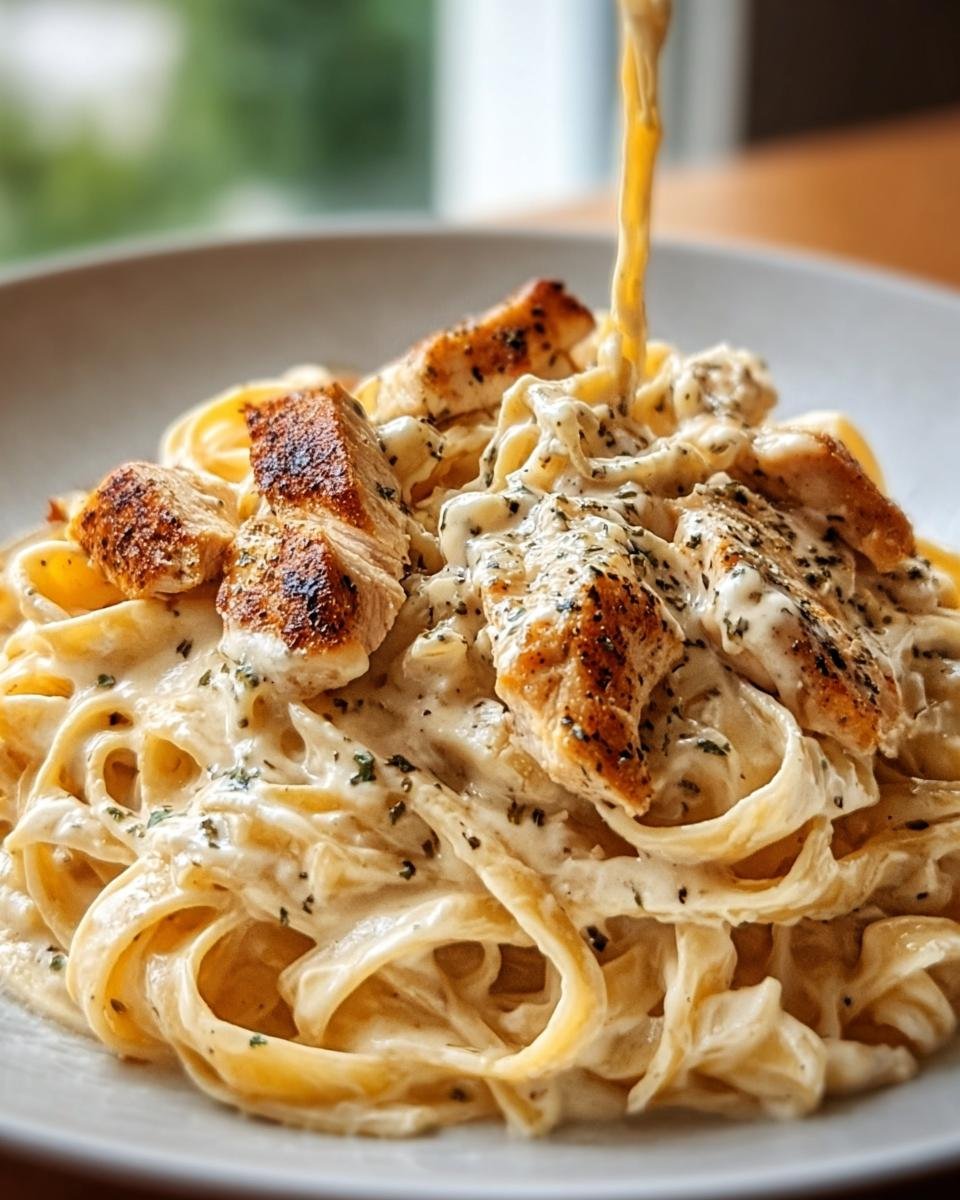 Nahaufnahme von Cremige Hähnchen-Alfredo-Nudeln, wobei zusätzliche cremige Soße über die Nudeln und das Hähnchen gegossen wird.