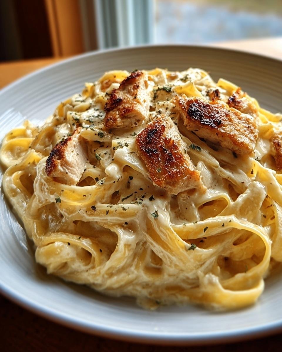 Nahaufnahme von Cremige Hähnchen-Alfredo-Nudeln mit reichhaltiger weißer Sauce und gebratenen Hähnchenstücken.