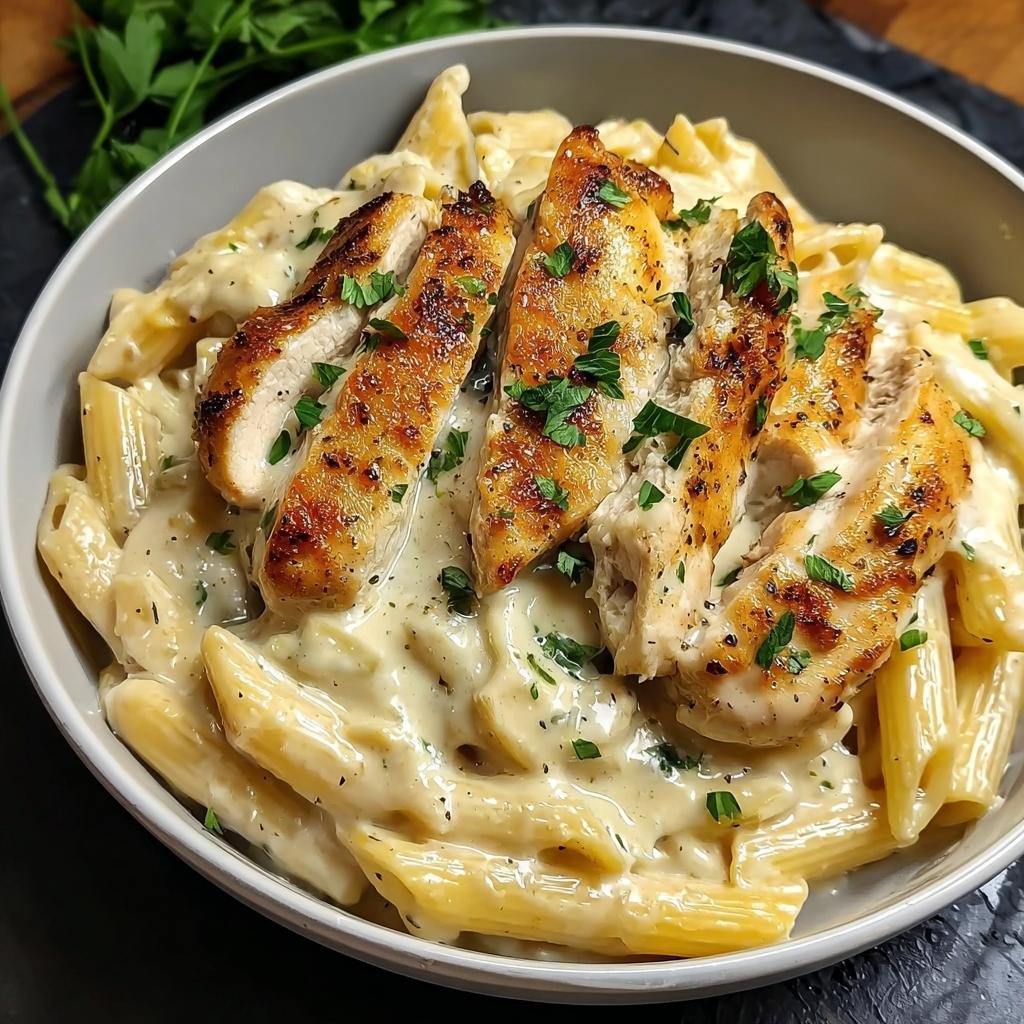 Nahaufnahme von Cremige Penne mit Huhn in einer grauen Schüssel, üppig bedeckt mit cremiger Sauce und garniert mit gegrilltem Hähnchen.