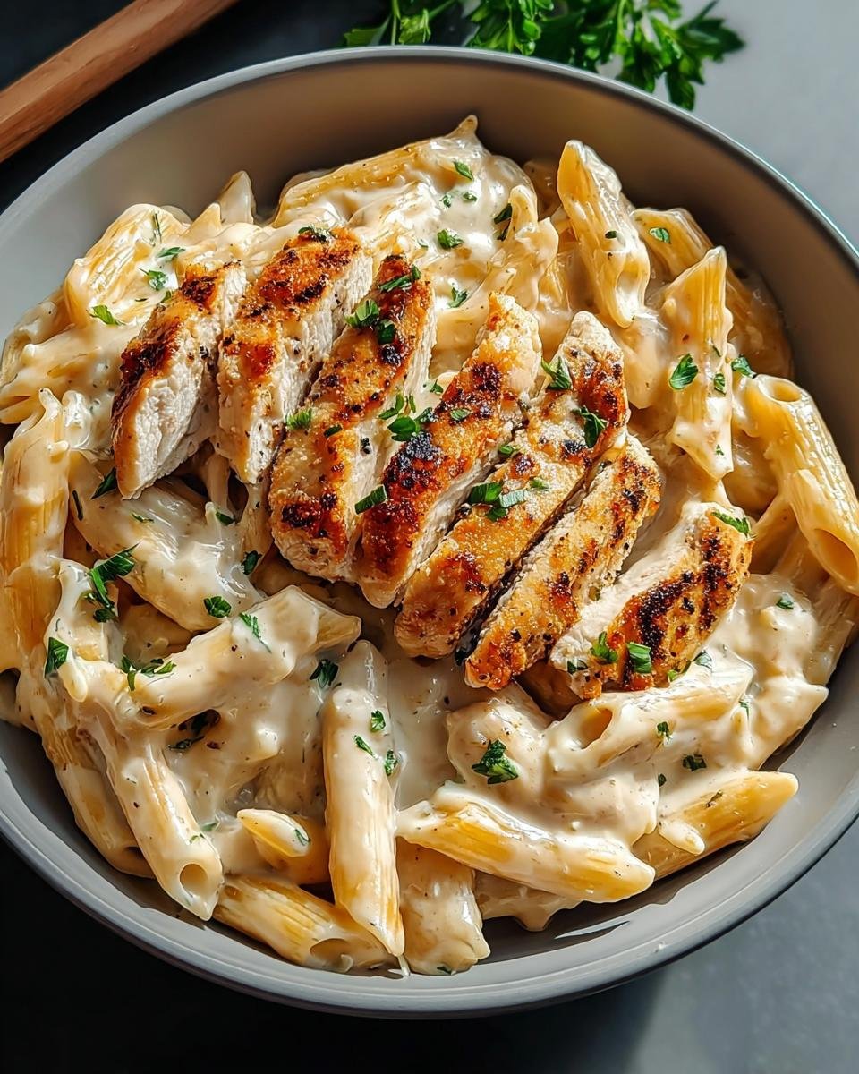 Nahaufnahme von Cremige Penne mit Huhn, garniert mit gegrillten Hähnchenstreifen und Petersilie.