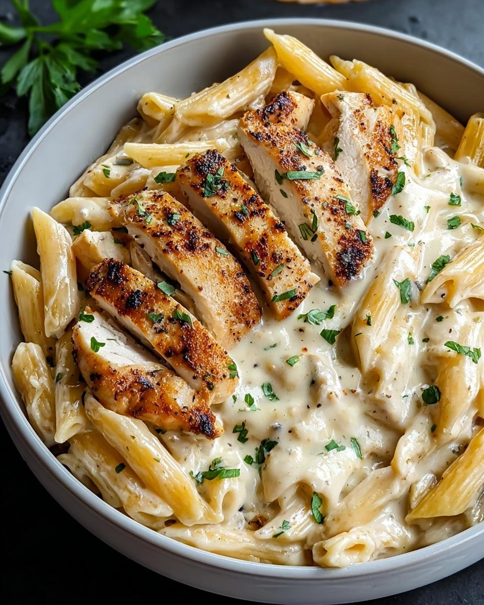 Nahaufnahme von Cremige Penne mit Huhn, garniert mit gebratenen Hähnchenstreifen und Petersilie.