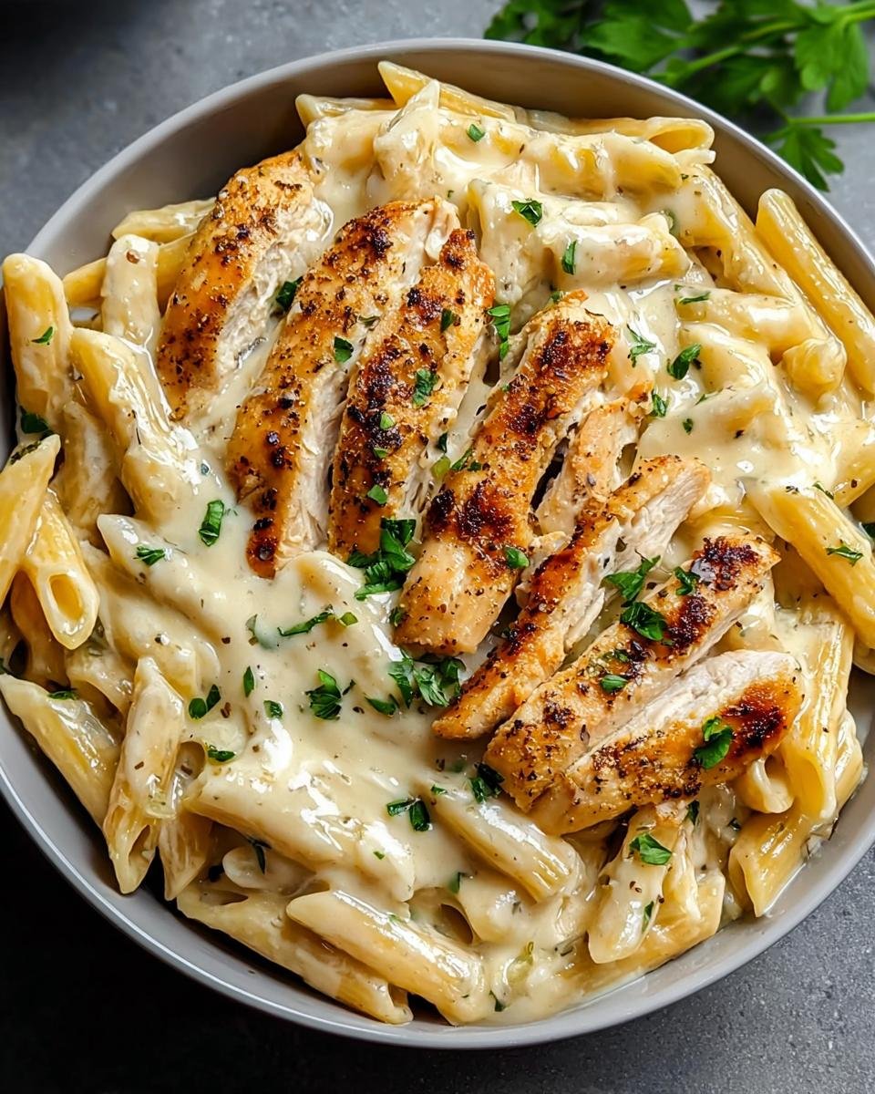 Nahaufnahme von Cremige Penne mit Huhn in einer cremigen weißen Sauce, garniert mit Petersilie.