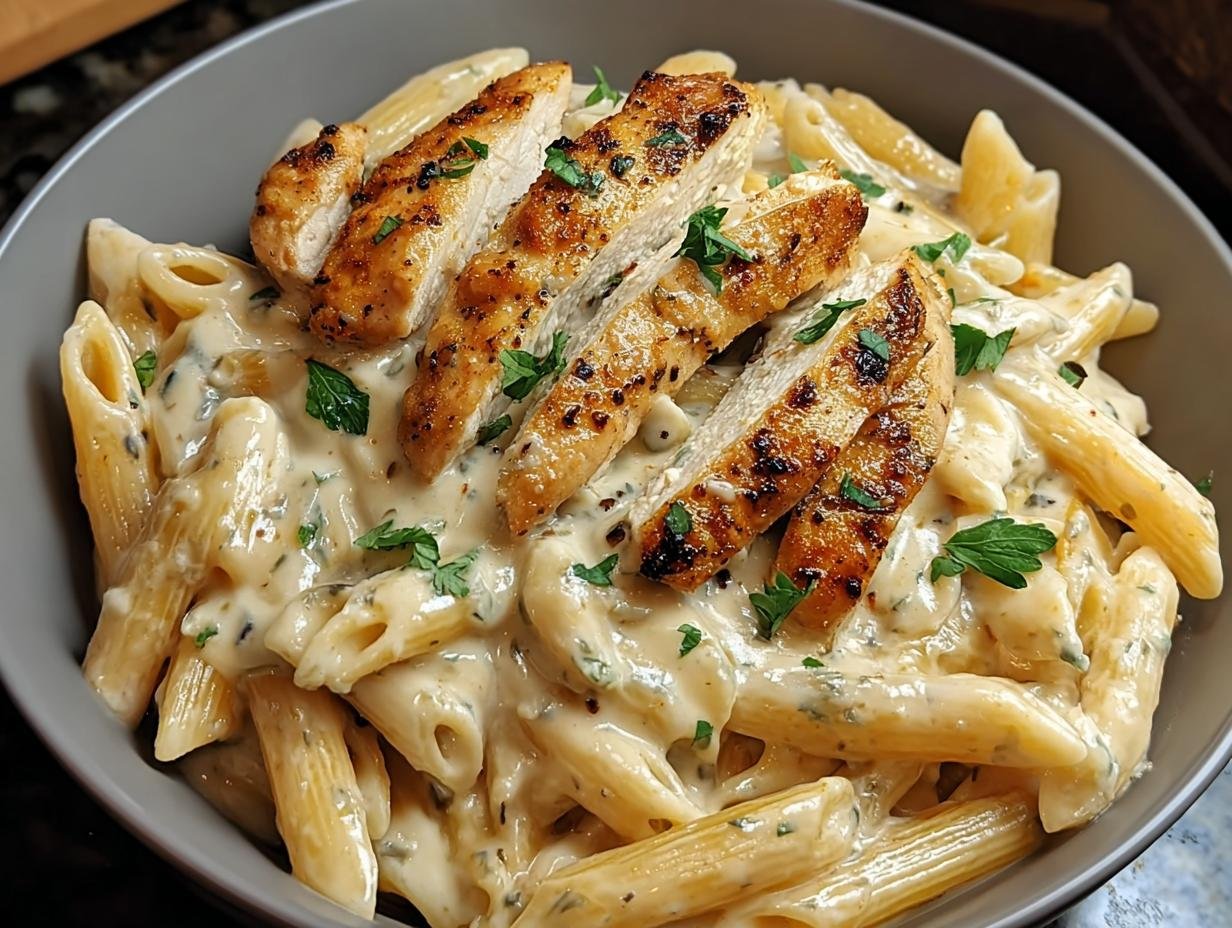 Nahaufnahme von Cremige Penne mit Huhn in einer cremigen Soße, garniert mit gegrillten Hähnchenstreifen und Petersilie.