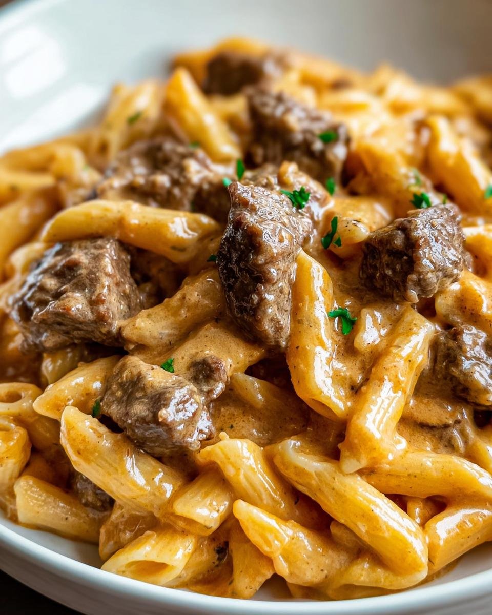 Nahaufnahme einer cremigen Rindfleisch-Pasta mit Penne-Nudeln und saftigen Fleischstücken in einer reichhaltigen Sauce.