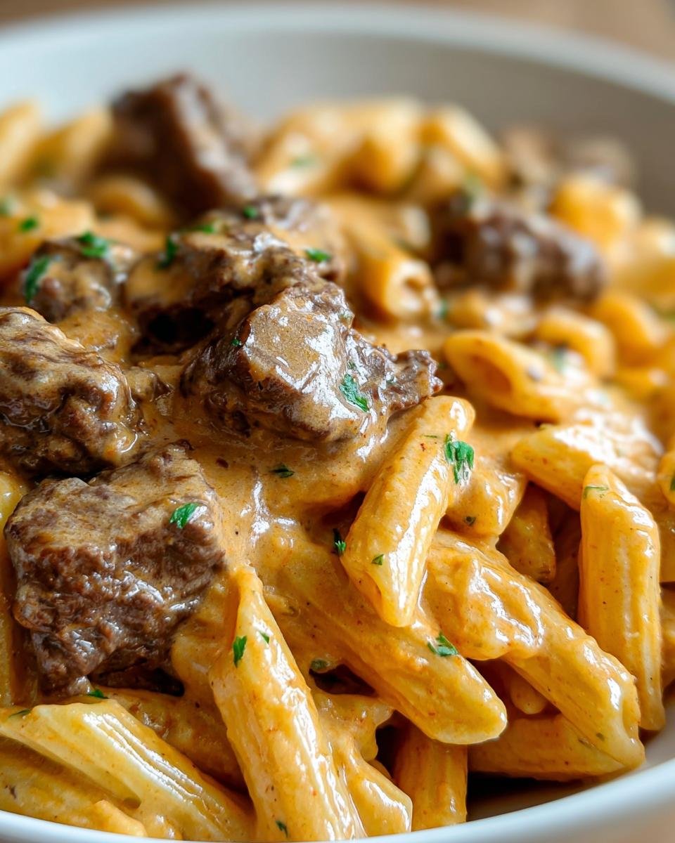 Nahaufnahme von cremiger Rindfleisch-Pasta mit Penne-Nudeln und Fleischstücken in einer reichhaltigen Soße.