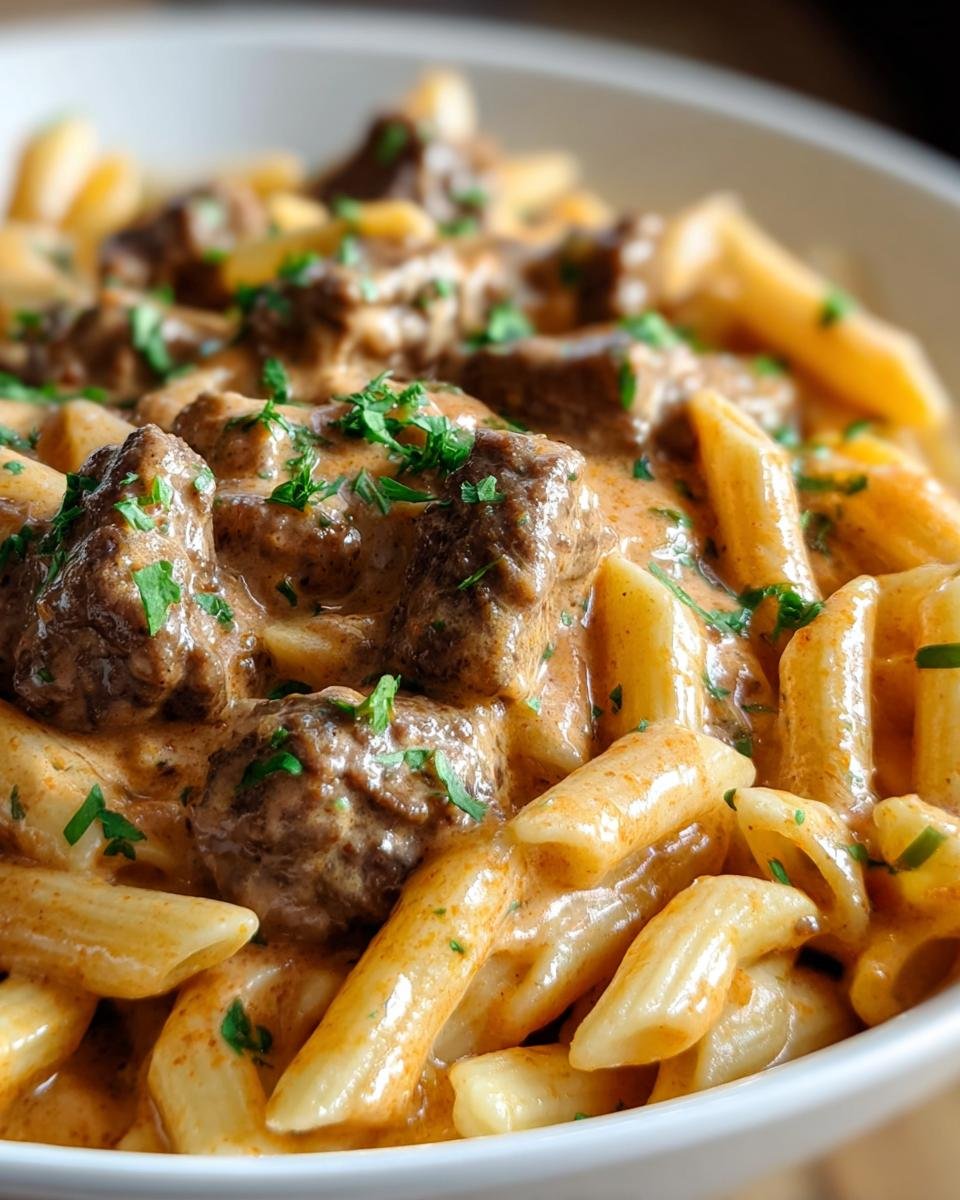 Nahaufnahme von Cremige Rindfleisch-Pasta mit Penne, bedeckt mit einer cremigen Sauce und frischer Petersilie.