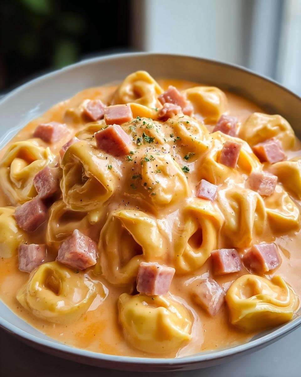 Nahaufnahme von Cremige Tortellini mit Schinken-Käse-Soße, garniert mit Schinkenwürfeln und Petersilie.