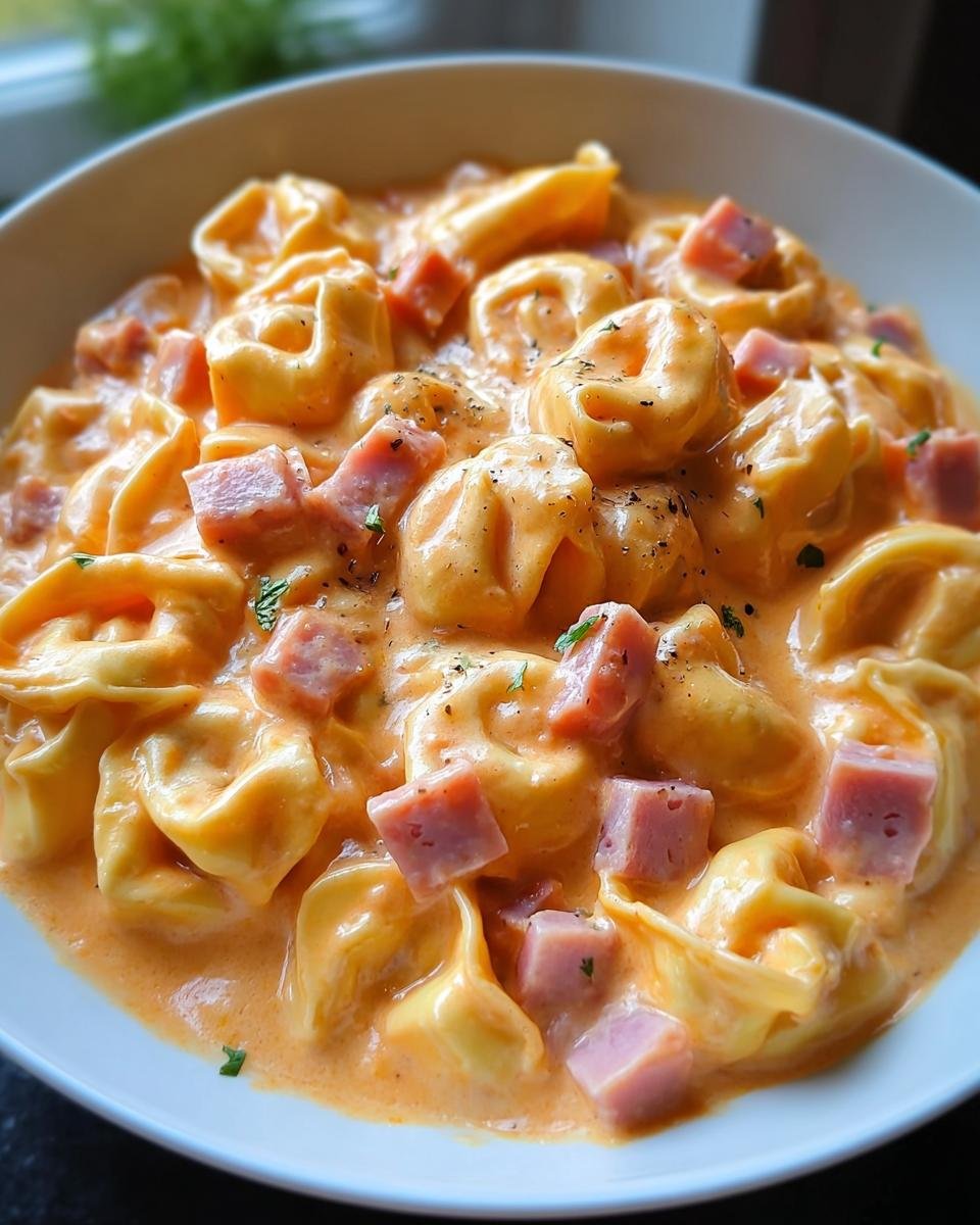 Nahaufnahme von Cremige Tortellini mit Schinken-Käse-Soße, garniert mit Petersilie.
