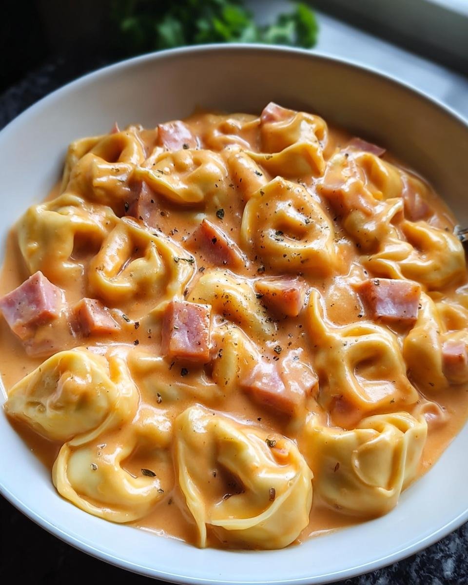 Nahaufnahme von Cremige Tortellini mit Schinken-Käse-Soße, bestreut mit Kräutern und Pfeffer.