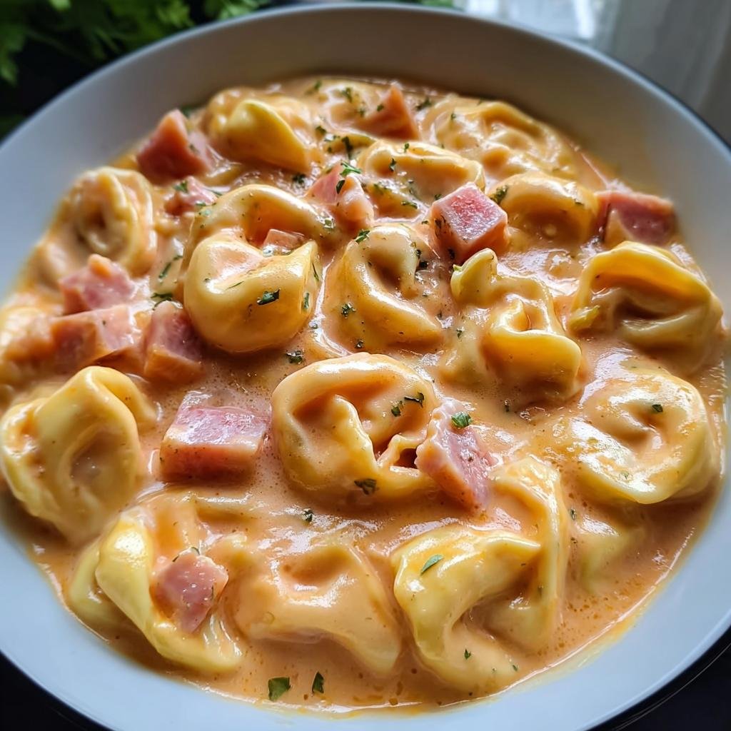 Nahaufnahme von Cremige Tortellini mit Schinken-Käse-Soße, garniert mit Petersilie in einer weißen Schüssel.