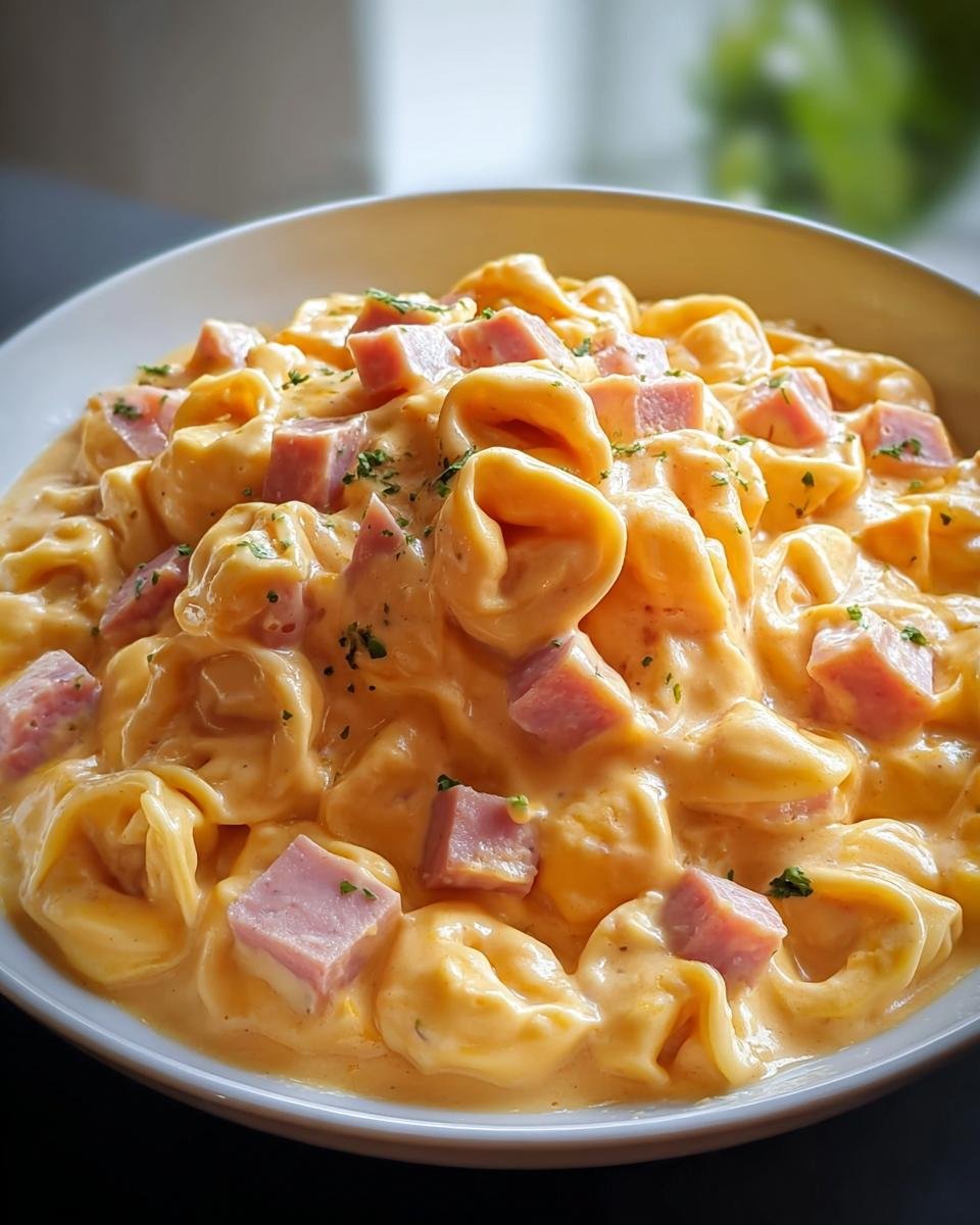 Nahaufnahme von Cremige Tortellini mit Schinken-Käse-Soße, garniert mit Petersilie in einer weißen Schüssel.