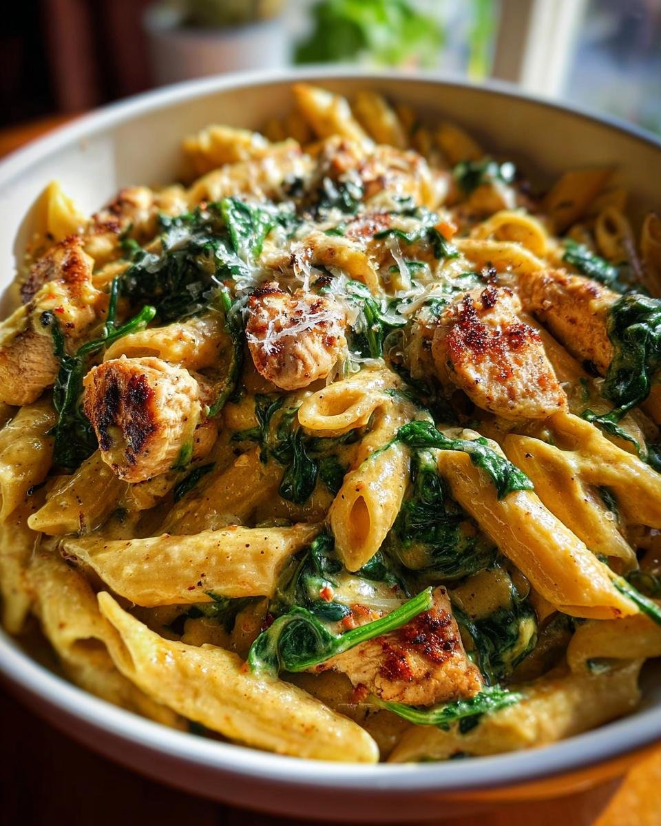Nahaufnahme von Cremige toskanische Hähnchenpasta mit Penne, cremiger Soße, gebratenem Hähnchen und Spinat.