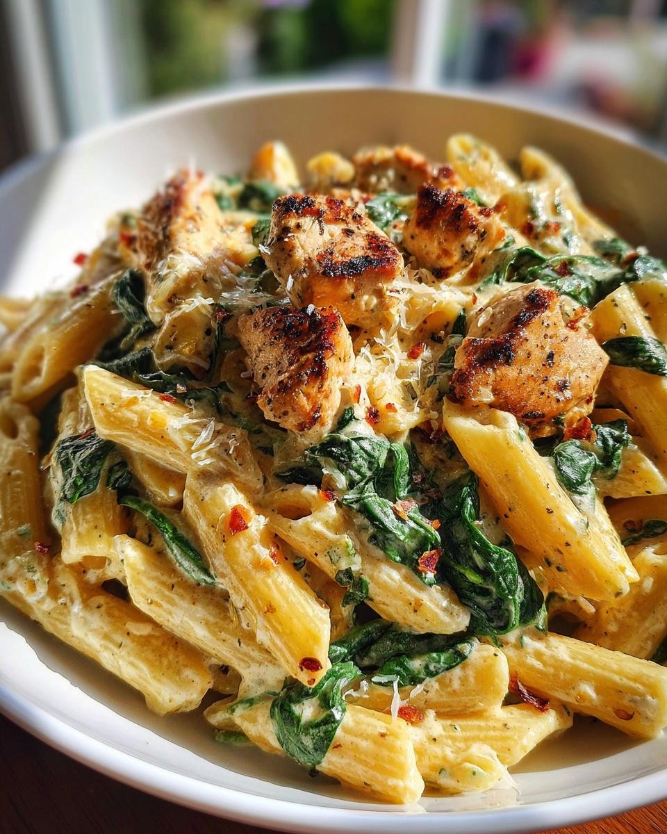 Nahaufnahme von Cremige toskanische Hähnchenpasta mit Penne, cremiger Soße, Spinat und gegrillten Hähnchenstücken.