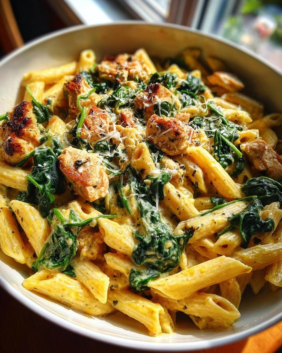 Nahaufnahme einer cremigen toskanische Hähnchenpasta mit Penne, gebratenen Hähnchenstücken und Spinat.