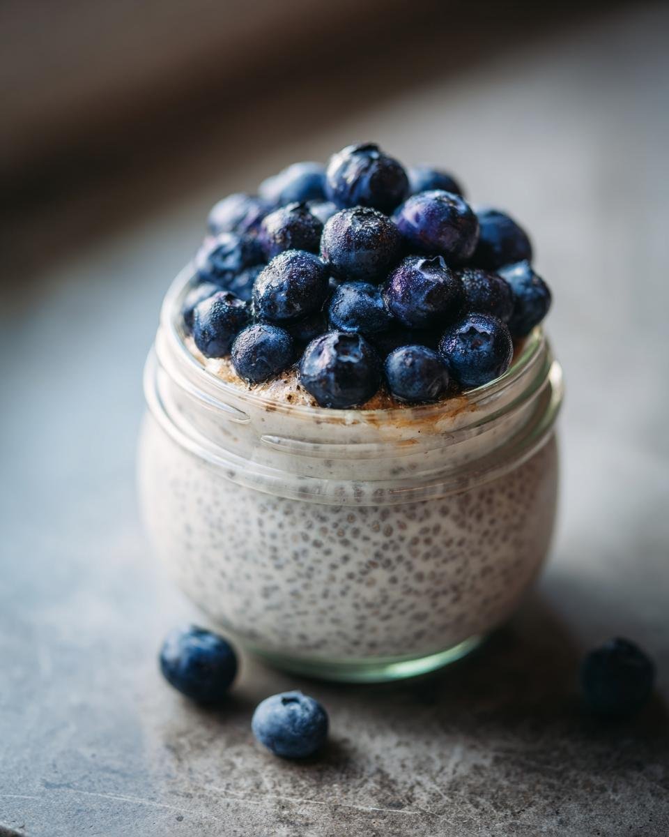 Nahaufnahme von Cremiger Chia-Pudding mit Blaubeeren in einem kleinen Glas, garniert mit frischen Beeren.