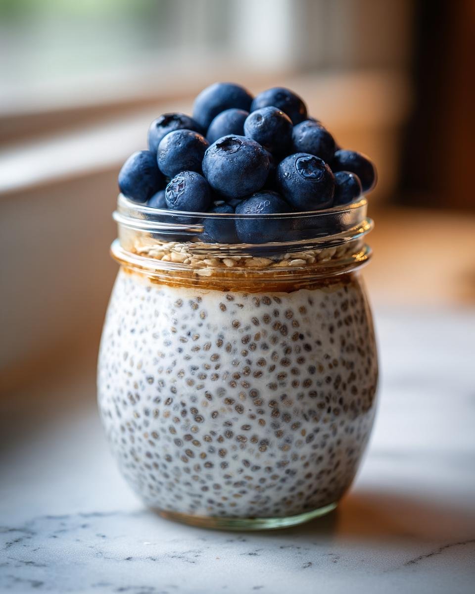 Nahaufnahme von Cremiger Chia-Pudding mit Blaubeeren in einem Glas, garniert mit Haferflocken.
